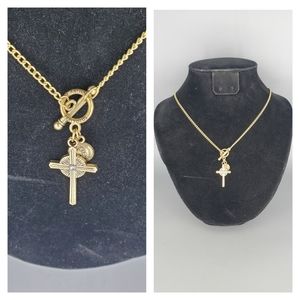Goldtone Lariat Cross St. Anthony Medallion Necklace